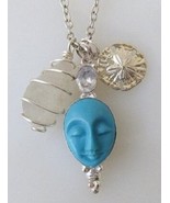 Necklace Carved Blue Jasper Face Pendant with Genuine Sea Glass, Moon &amp; ... - £15.69 GBP