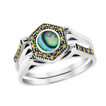 Dazzling Marcasite Round Abalone Shell Sterling Silver Double Band Ring-7 - £20.27 GBP