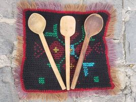Three wooden primitive spoons, primitive hand carved wooden cooking spoons - $30.00