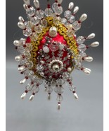 Vintage Red Satin Christmas Ornament Push Pin Bead Pearls Trim - $257.23 MXN