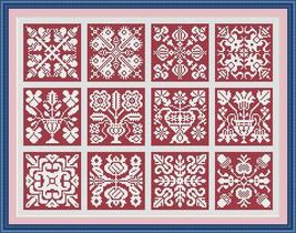 Antique Sampler Square Mini Tiles Set 3 Monochrome Cross Stich Pattern PDF - $5.00