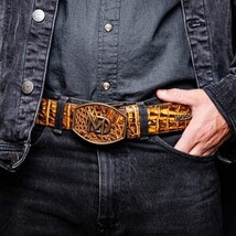 Iowa Genuine Caiman Skin Western Belt Mustard Brown image 9