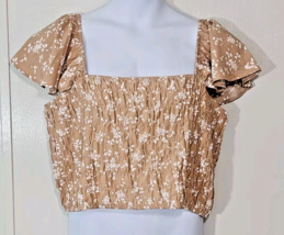 Lane Bryant Womens Crop Top 24 Tan White Ditsy Floral Smocked Shirred Fl... - $21.24