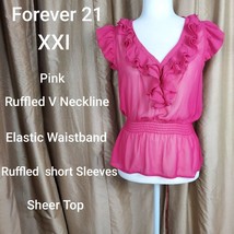 Forever21  XXI Pink Ruffed V Neckline Elastic Waistband Sheer Top Size M - £6.26 GBP