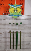 Vintage Hand Painted Owl Bamboo Wind Chime Green Blue Big Eyes - £23.21 GBP