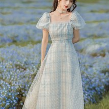 Summer French Puff Sleeves Square Collar Plaid  Dress High-Waist Short Sleeve Vi - £92.77 GBP