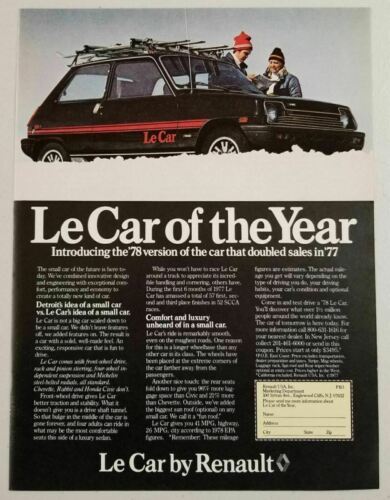 Primary image for 1978 Print Ad Renault Le Car 2-Door Car Couple with Snow Skis Car of the Year
