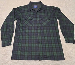 Vintage Pendleton Mens Flannel Shirt M Green Blue Plaid Virgin Wool Pockets - $46.44