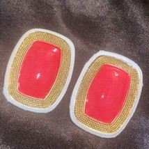 New Vintage Glow In The Dark Hot pink Gold Plated Art Deco Rectangle Earrings - £46.70 GBP