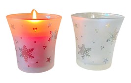Partylite Snowy Nights Votive Candle Holders Snowflakes Frosted Vintage Pair - £15.21 GBP