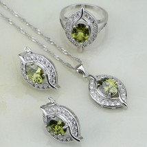 Eye Shaped Olive Green Cubic Zirconia White CZ 925 Silver Jewelry Sets For Women - £18.75 GBP