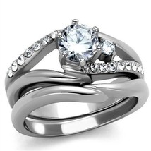 Women&#39;s Stainless Steel 6mm Round Cut AAA CZ Wedding Bridal Ring Set Size 5-10 - £52.51 GBP