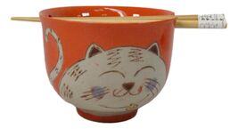 Orange Chubby Kitty Cat Ceramic Donburi Ramen Soup Bowl With Chopsticks Set - $18.99