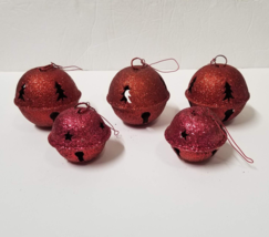 5 Glittery Christmas Ball Ornaments Red Sparkly Bell Round Metal Cut-Out - £5.46 GBP