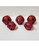 5 Glittery Christmas Ball Ornaments Red Sparkly Bell Round Metal Cut-Out - £5.50 GBP