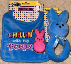 Blue Easter Baby Bib “Chillin’ With My Peeps” &amp; Plush Bunny Baby Rattle NEW Soft - £22.72 GBP