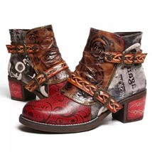 Fashion Vintage Splicing Printed Ankle Boots for Women Shoes Woman PU Leather Re - £29.44 GBP