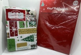 Lot of 2 ROUND Vinyl Christmas Tablecloths 70&quot; &amp; 60&quot; Red Poinsettia &amp; Pr... - $14.84