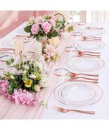 300 Pc Rose Gold Clear Plastic Dinnerware Set for 50 – Plates, Cups &amp; Cu... - $29.95
