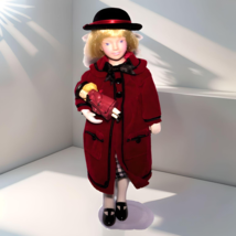 Avon 1993 Childhood Dreams Porcelain Doll w/ Stand, ribbon hat, velvet coat - £9.33 GBP
