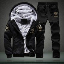 Winter Hoodie Sets Men Fashion Fleece Hoodies Black  Pants Casual Jogger Suit Tr - £59.07 GBP