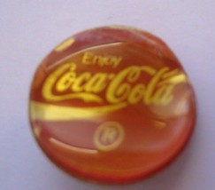 Enjoy Coca-Cola  disc with swirl Lapel Pin  Plastic coating has bubbled up - $1.49