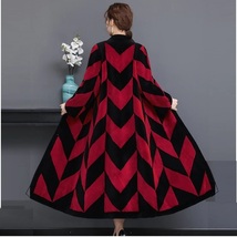 Luxury Long Red And Black V Neck Chevron Design Lamb Shearling Sheepskin Coat