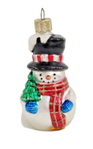 Glass Christmas Ornament LAO MIA Snowman 3&quot; Black Hat Red Scarf Holding ... - $5.90