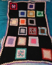 VTG Handmade 40&quot; x 56&quot; Crocheted Granny Square Afghan Black Roseanne Blanket - £18.93 GBP