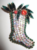 Christmas Stocking Brooch Pin Featuring Super Size Navette Rhinestones 2 1/2&quot; - £23.90 GBP