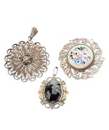 Trois Antique Vintage 925 Argent Sterling Fleur Broche Et Pendentif - $99.16