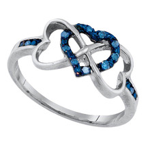 10k White Gold Round Blue Color Enhanced Diamond Triple Trinity Heart Ring 1/10 - £143.05 GBP