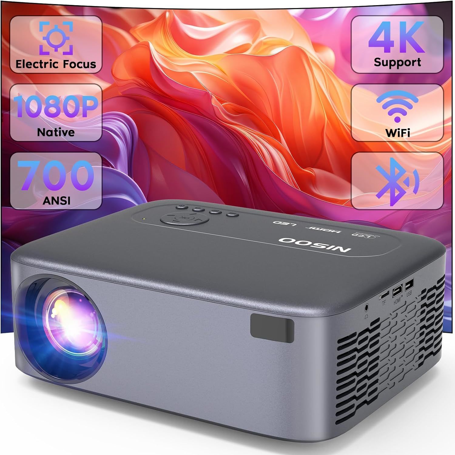 【Electric Focus】Nisoo Native 1080P Projector, 4K Portable Projector With 700  			