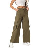 Wide Leg Drawstring Cargo Pants Women&#39;s Baggy Parachute Army Green Stree... - $459.32 MXN