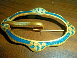 Pin Brooch Vintage Large Turquoise Blue Gold Enamel Open Oval Faux Buckle - £16.69 GBP