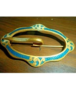 Pin Brooch Vintage Large Turquoise Blue Gold Enamel Open Oval Faux Buckle - £16.43 GBP