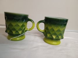 Pair Vtg Anchor Hocking Fire-King Green Kimberly Diamond Pattern Coffee Cup Mug - £15.49 GBP