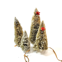 4 Department 56 Bottle Brush Evergreen Christmas Trees Flocked 2 w/ Red Cardinal - $18.80