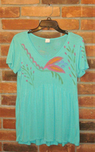 Gently Used Abstract Floral Hand Painted Green Women&#39;s Babydoll Top Size S - £23.89 GBP