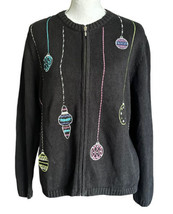Charter Club Womens L Christmas Sweater Cardigan Black Holiday Ornaments... - £15.85 GBP