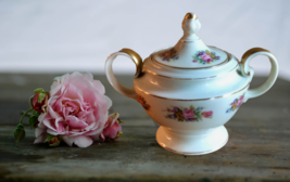 Floral Lidded Sugar Bowl, Continental Ivory, Germany, Colorful Pattern - £23.72 GBP