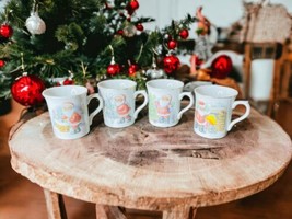 Santa Christmas Tree Reindeer Set Of 4 Vintage Porcelain Coffee Mugs Japan - £18.58 GBP