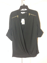 New Calvin Klein Women Black Wrap Long Sleeve Drape Roll Blouse Shirt To... - £31.60 GBP