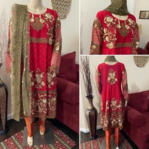 Pakistani  Red Gold Frock Style Fancy Embroidered 3-Pc Chiffon Suit,Large - £94.14 GBP