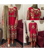 Pakistani  Red Gold Frock Style Fancy Embroidered 3-Pc Chiffon Suit,Large - £93.87 GBP