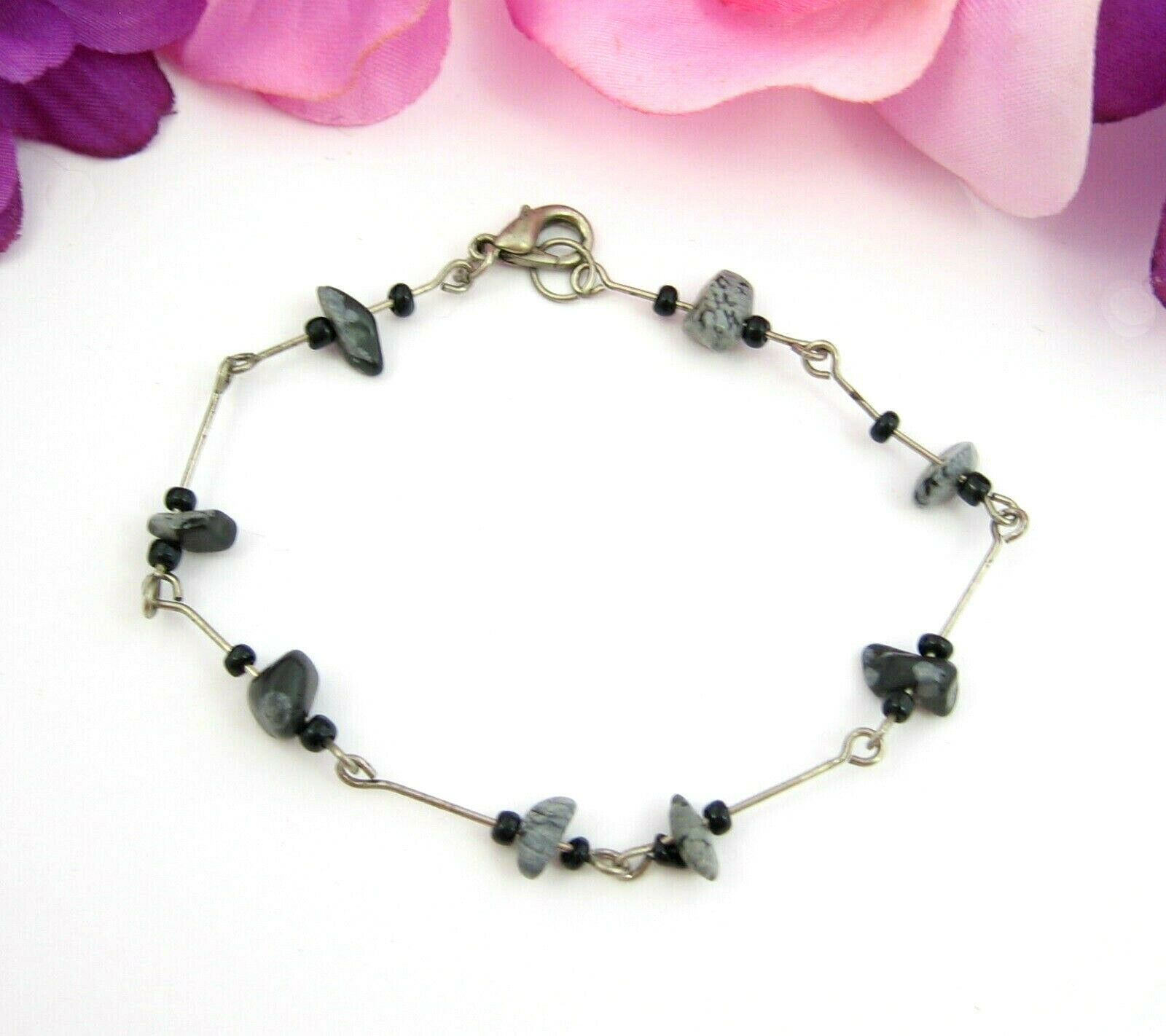 Primary image for SNOWFLAKE OBSIDIAN Black & Gray Stones BRACELET Vintage Anklet Silvertone Ankle 