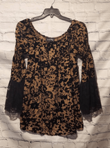 Joseph Ribkoff Womens 10 Velvet Burnout Tunic Top Black Tan Bell Lace Sl... - $59.39