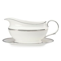 Lenox Pearl Platinum Gravy Boat &amp; Stand Sauce White Enamel Dots Bone China USA - £148.15 GBP