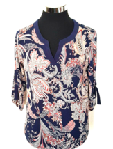Naif Blouse Womens Size Large Multicolor Blue Paisley Pullover Roll Tab Sleeves - £12.73 GBP
