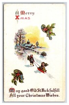 Sledding Cabin Scene Merry Christmas UNP Unused Embossed DB Postcard U11 - £4.04 GBP